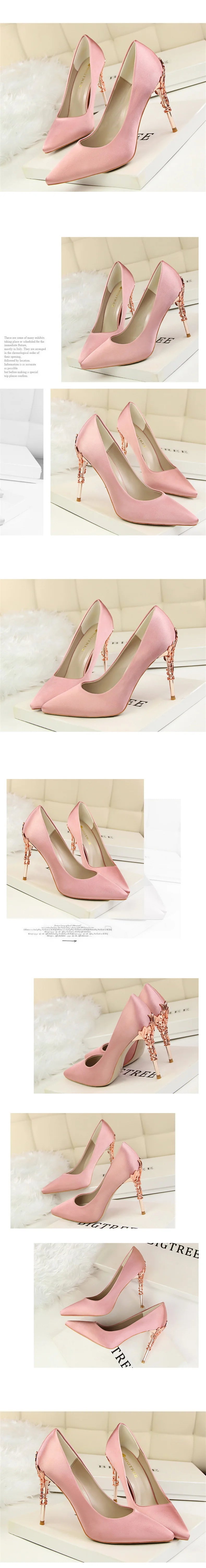 Woman Metal Heels Satin Silk Dress Fashion Pumps Lady Wedding Bridal Catwalk Orange Green Wine Red Pointed Tip Shoes 9219-2