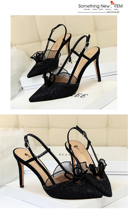 Fashion Women Sandals Mesh Rhinestone Lace Hollow Kitten Pumps Stilettos Summer 313-5Thin High Heel Single Shoes Grace Slippers