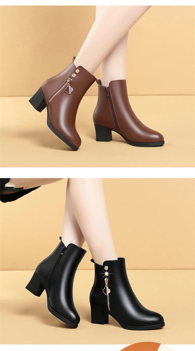 Women Leather Boots Genuine Leather Plush Boots Winter Warm Thick Heel Brand High-heeled Fashion Snow Boots Women Short Boots