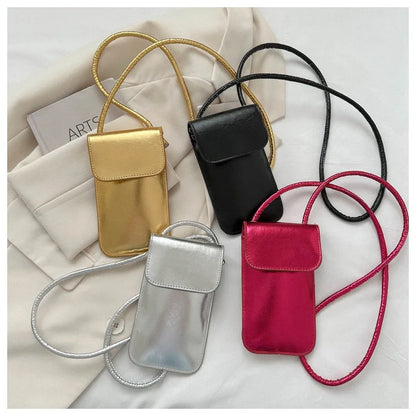 Fashion Versatile Metallic Glossy Shoulder Crossbody for Women Silver Gold PU Mini Bag Portable Lipstick Bag Mobile Phone Bag