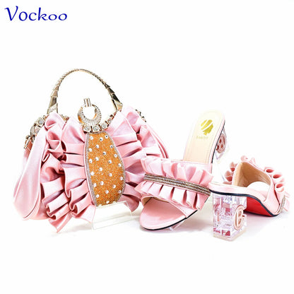 2024 Square Heels New Design Peep Toe Italian Wedding Shoes and Bag Set in Red Color Fashion African Slipper For Party