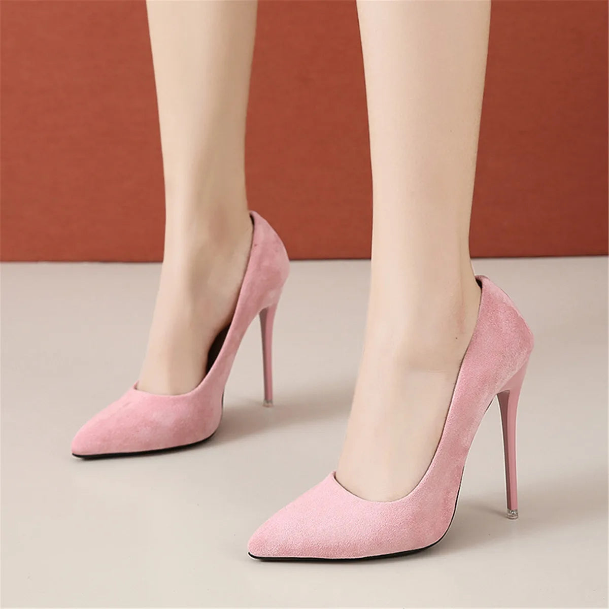 12cm high heel suede high heels female pointy thin heel shallow mouth Korean version pink single shoes large size 45