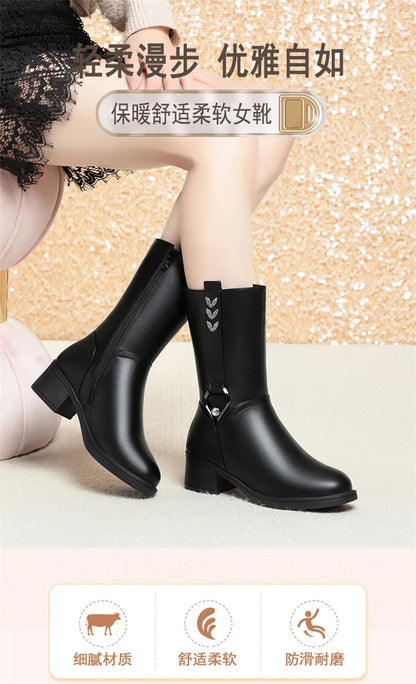 Mid-tube Women's Winter Warm Ankle Boots Soft Leather Thick-heeled New Mother Round Toe Fashion Elegant Cotton Boots