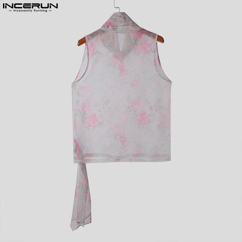 INCERUN Men Tank Tops Flower Printing Turtleneck Sleeveless Chiffon Transparent Male Vests Streetwear 2025 Stylish Men Clothing