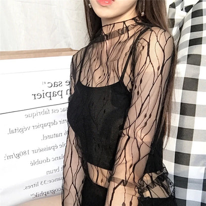 Black Mesh See Through Top For Women Sexy Transparent Top Summer Sun-proof Clothing Thin Long Sleeve Ladies Lace Blouse T-shirt