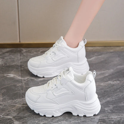 White Platform Women's Sneakers 2024 Spring Lace-Up Thick Bottom Vulcanize Shoes Woman Pu Leather Breathable Sports Shoes Ladies