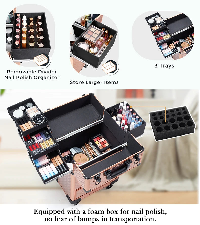 Professional Makeup Suitcase with Wheels Large Storage Cosmetic Trolley with Slide Drawer Lock Rolling Make-up Case Nail Tech