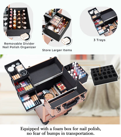 Professional Makeup Suitcase with Wheels Large Storage Cosmetic Trolley with Slide Drawer Lock Rolling Make-up Case Nail Tech