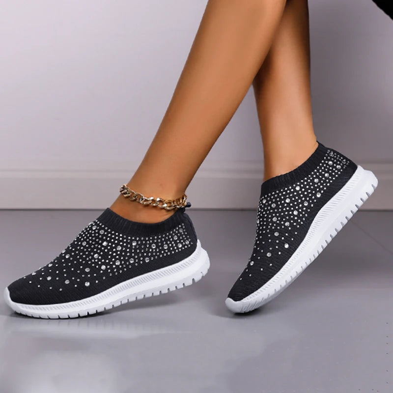 Rimocy Crystal Breathable Mesh Sneaker Shoes for Women Comfortable Soft Bottom Flats Plus Size 43 Non Slip Casual Shoes Woman