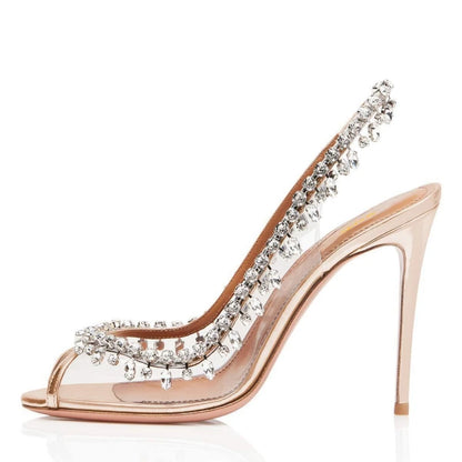 New Summer Women's High-heeled Sandals Fish Mouth Transparent with Rhinestone Chain Stiletto Heels Empty Back Shoes