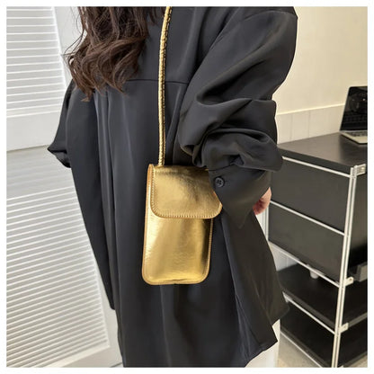 Fashion Versatile Metallic Glossy Shoulder Crossbody for Women Silver Gold PU Mini Bag Portable Lipstick Bag Mobile Phone Bag