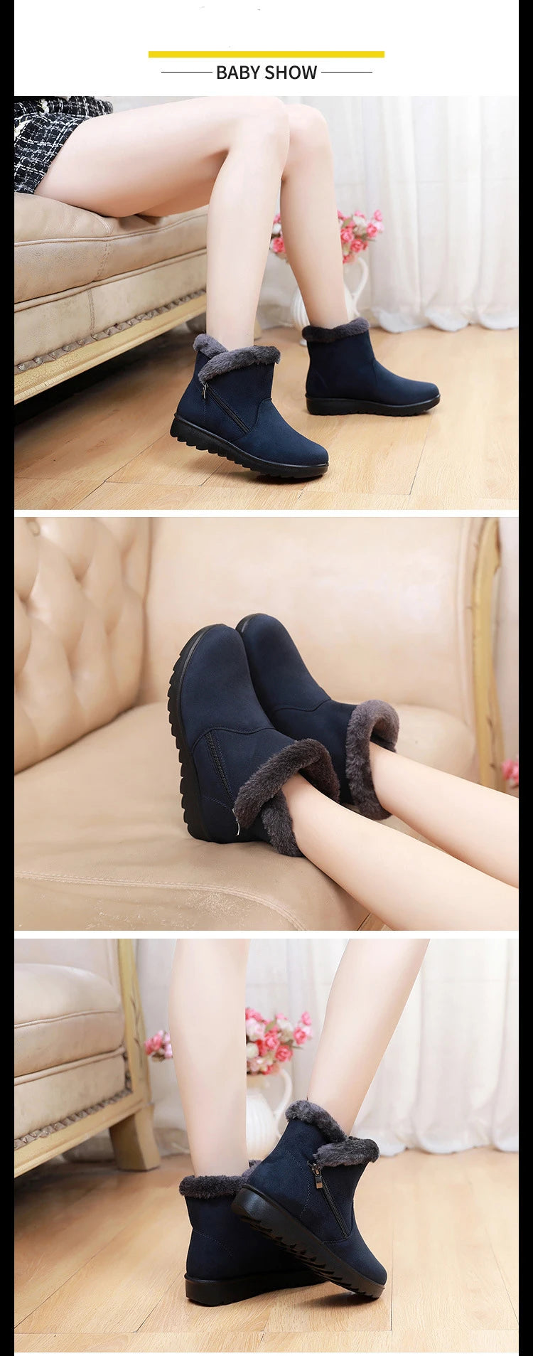 WOIZGIC Women Female Ladies Old Mother Snow Shoes Boots Platform Woollen Cloth Zipper Winter Plush Warm round toe