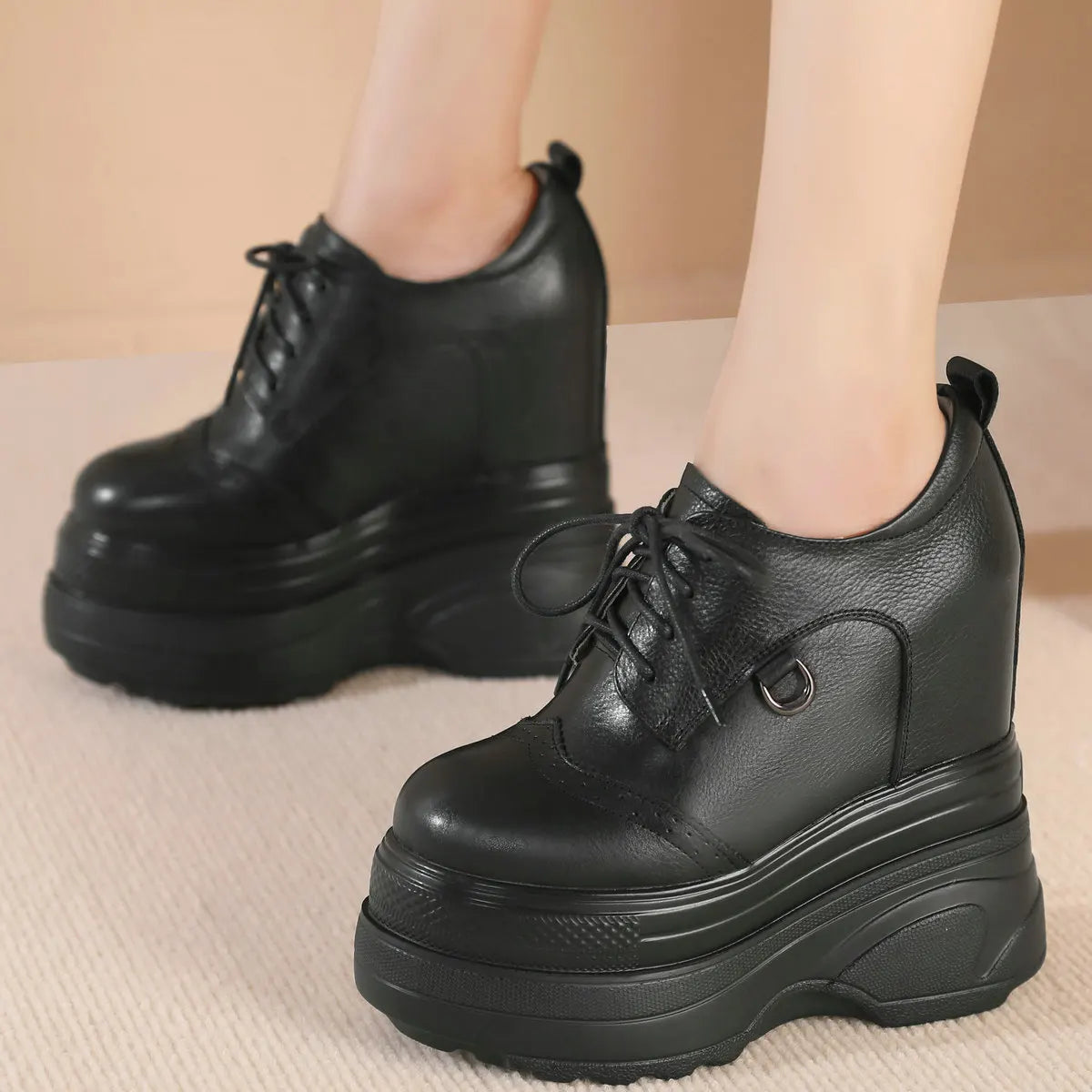 16cm High Heel Vulcanized Shoes Plus Size Boots Women Genuine Leather Wedges Pumps Female Round Toe Punk Sneakers Big Size Shoes