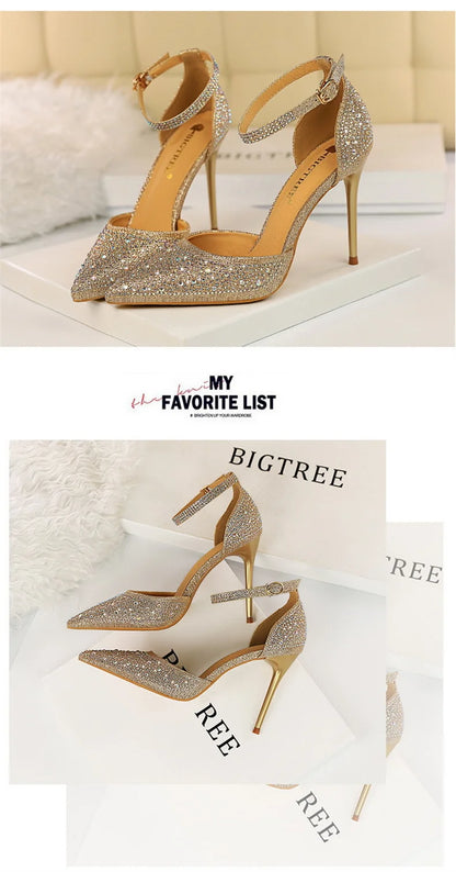 Korean Version Shiny Rhinestones High Heels Shoes Women Pumps Stiletto Sweet Heels Hollow Wedding Sandals 10 Cm Nightclub 283-16