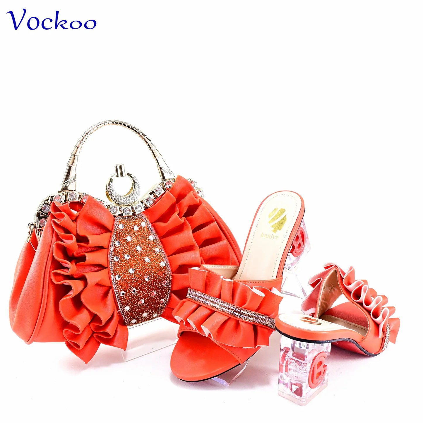 2024 Square Heels New Design Peep Toe Italian Wedding Shoes and Bag Set in Red Color Fashion African Slipper For Party