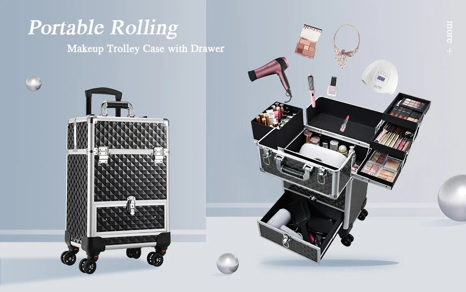 Professional Makeup Suitcase with Wheels Large Storage Cosmetic Trolley with Slide Drawer Lock Rolling Make-up Case Nail Tech