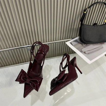 Hlieny Wine Red Ankle Strap Stilettos For Woman Patent Leather Bow Pointed Toe Slingbacks High Heels Sandals Women Pumps Shoes