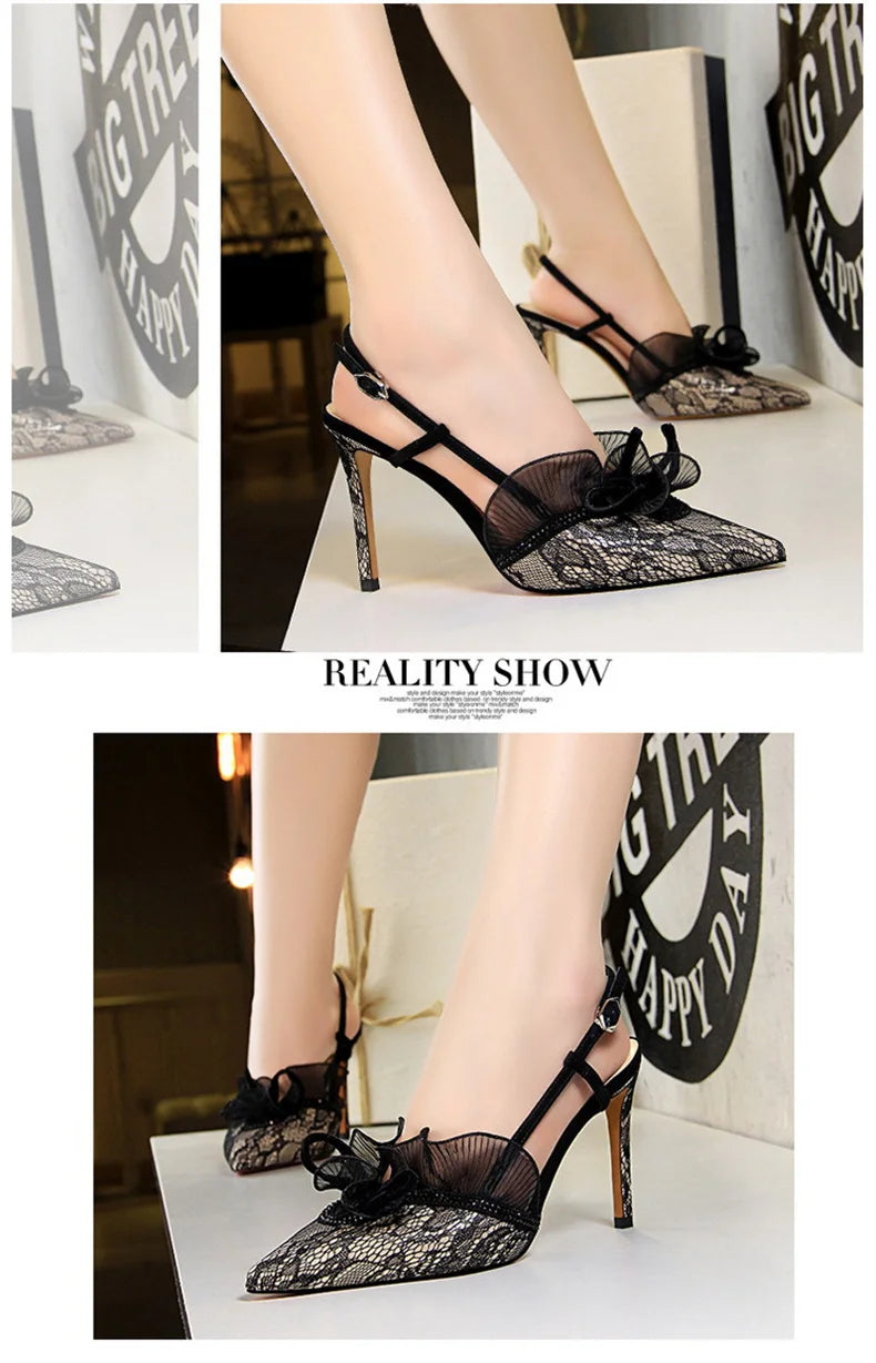 Fashion Women Sandals Mesh Rhinestone Lace Hollow Kitten Pumps Stilettos Summer 313-5Thin High Heel Single Shoes Grace Slippers