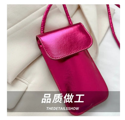 Fashion Versatile Metallic Glossy Shoulder Crossbody for Women Silver Gold PU Mini Bag Portable Lipstick Bag Mobile Phone Bag