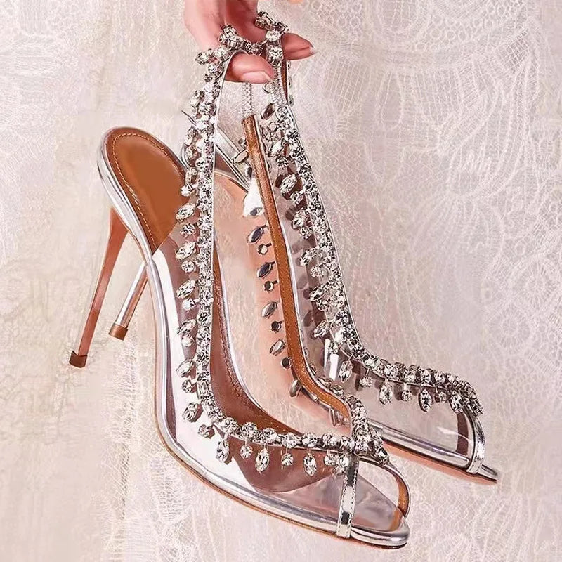 New Summer Women's High-heeled Sandals Fish Mouth Transparent with Rhinestone Chain Stiletto Heels Empty Back Shoes