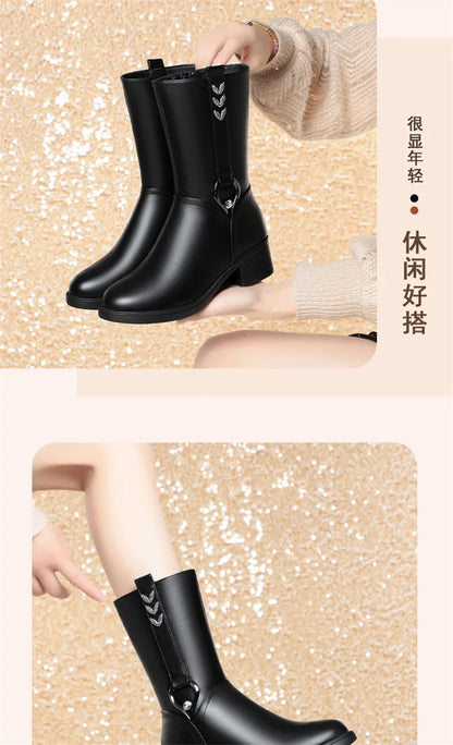 Mid-tube Women's Winter Warm Ankle Boots Soft Leather Thick-heeled New Mother Round Toe Fashion Elegant Cotton Boots