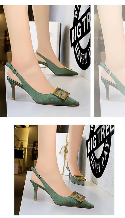 Metal Square Buckle Thin Heel Party Shoes Black Green White Woman Pointed Toe Hollow Back Strap Pumps Middle Heel Sandals