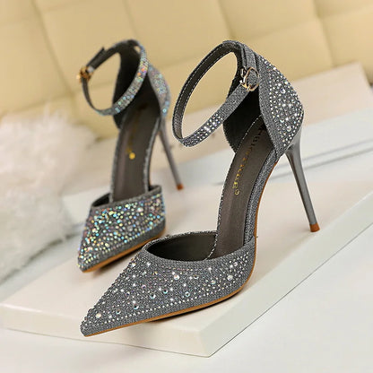 Korean Version Shiny Rhinestones High Heels Shoes Women Pumps Stiletto Sweet Heels Hollow Wedding Sandals 10 Cm Nightclub 283-16