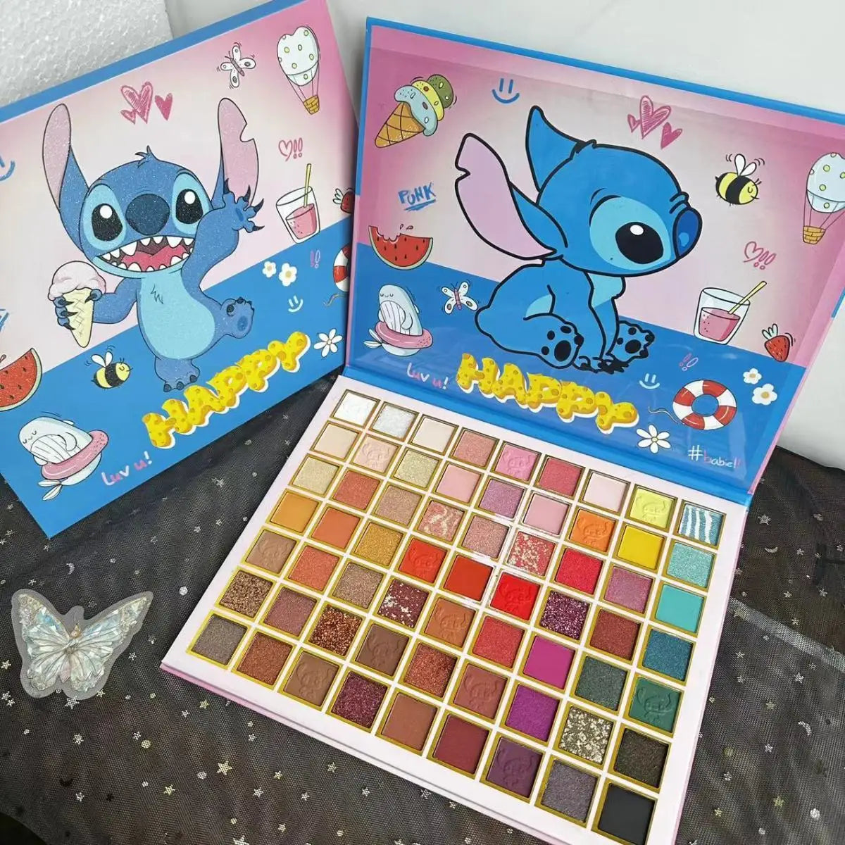 Stitch Eye Shadow Tray Lilo & Stitch Cartoon Bead Matte Highlight Blusher Fine Flash Integration Eye Shadow Girl'S Make Up Gift