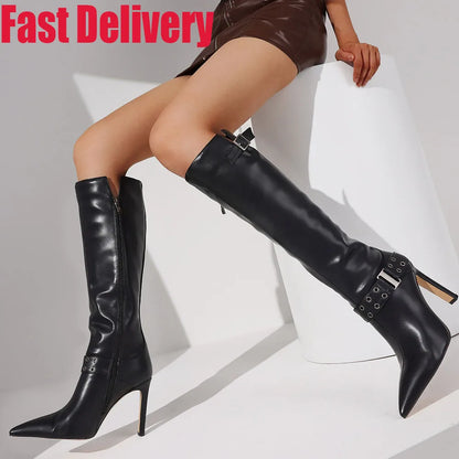 Sexy Women Knee High Boots Buckle Rivet Design Pointed Toe Thin Heel Shoes Fashion Luxury Party Halloween Shoes Women