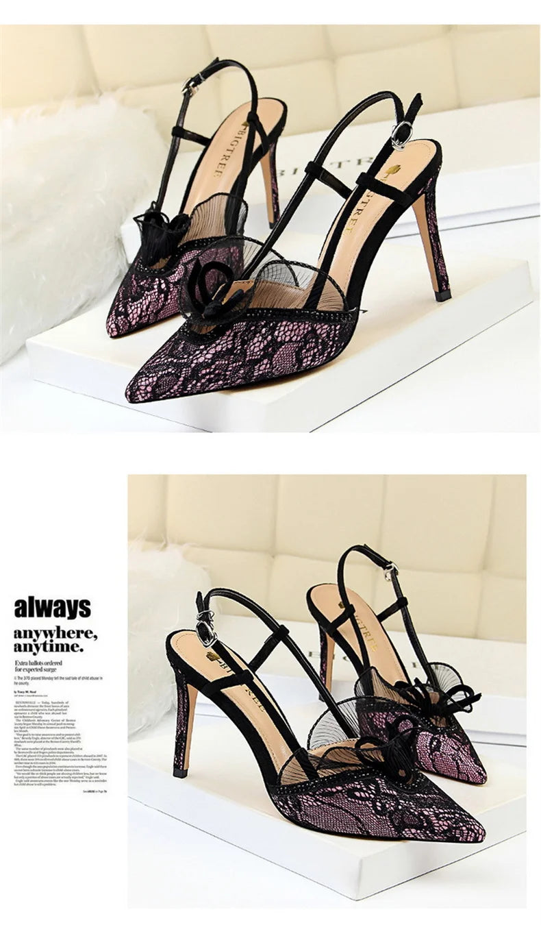 Fashion Women Sandals Mesh Rhinestone Lace Hollow Kitten Pumps Stilettos Summer 313-5Thin High Heel Single Shoes Grace Slippers