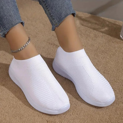 Women's Solid Color Mesh Sneakers Flying Woven Walking Fashion Slip-on Flat Shoes Sports Running Tennis