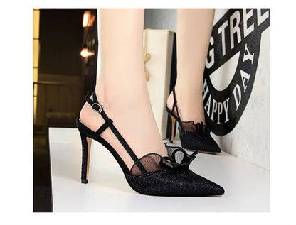 Fashion Women Sandals Mesh Rhinestone Lace Hollow Kitten Pumps Stilettos Summer 313-5Thin High Heel Single Shoes Grace Slippers