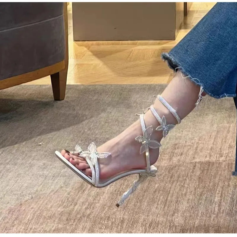 Luxury Crystal Embellished Butterfly Detail Women Sandals Sexy Coiled Strap High heels Gladiator Sandals Summer Party prom Shoes