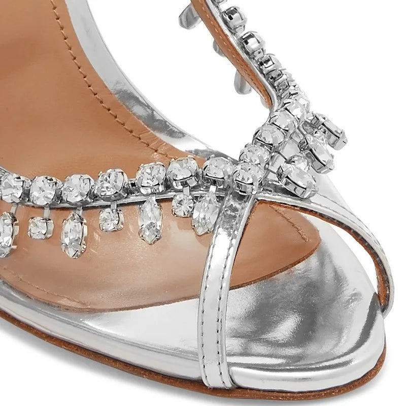 New Summer Women's High-heeled Sandals Fish Mouth Transparent with Rhinestone Chain Stiletto Heels Empty Back Shoes