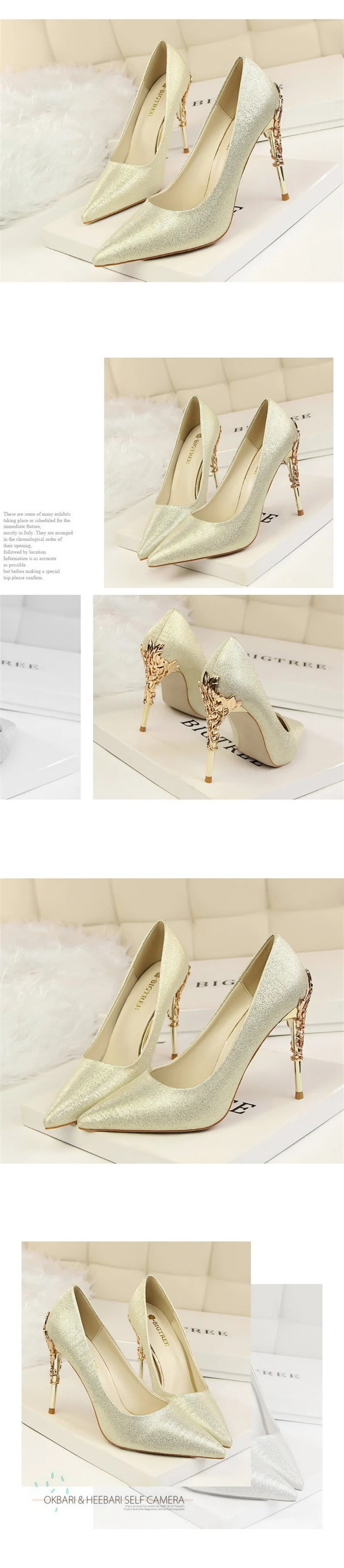 Woman Metal Heels Satin Silk Dress Fashion Pumps Lady Wedding Bridal Catwalk Orange Green Wine Red Pointed Tip Shoes 9219-2