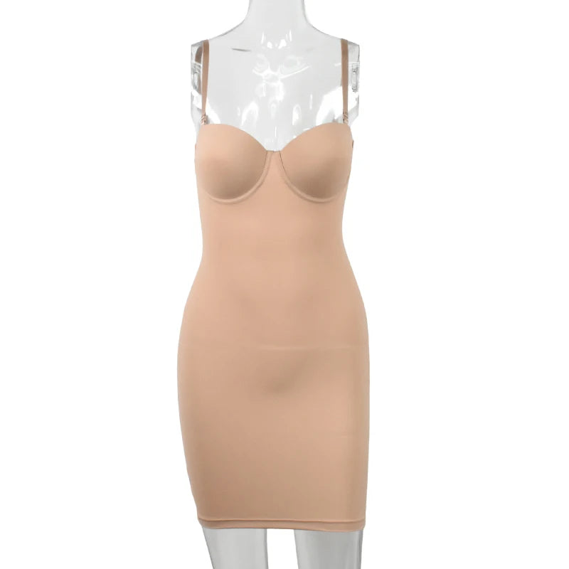 Women Stretch Straight Dress With Underwire Cup Simple Sexy Dresses Spaghetti Strap Tube Bodycon One-piece Pencil Underdress