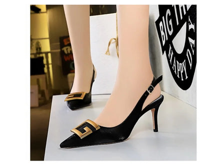 Metal Square Buckle Thin Heel Party Shoes Black Green White Woman Pointed Toe Hollow Back Strap Pumps Middle Heel Sandals