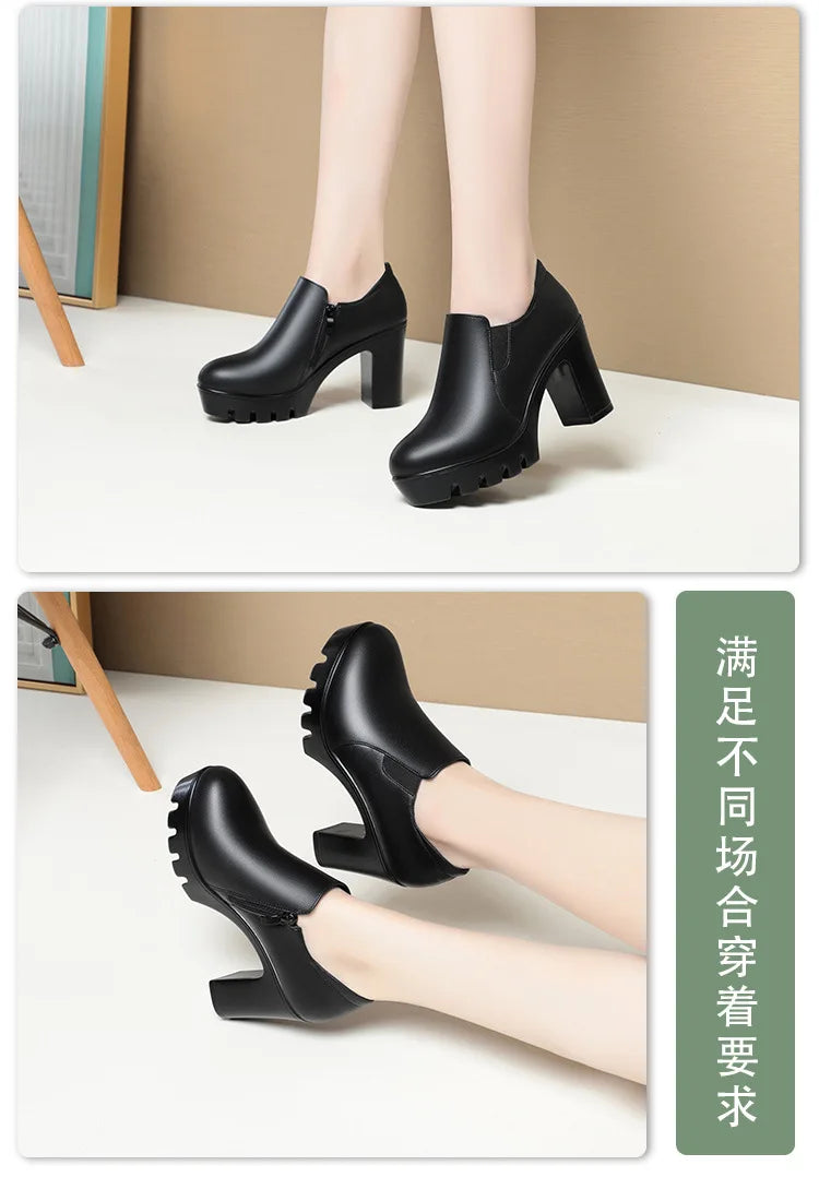 6.5cm 8.5cm Elegant Black Block High Heels Shoes Deep Mouth Spring 2024 Thick Platform Pumps Soft Leather for Office Model Work