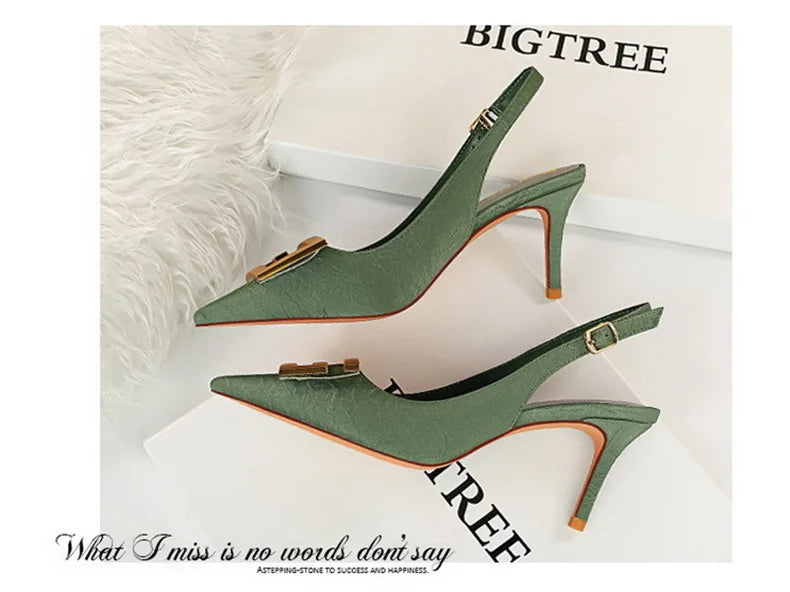 Metal Square Buckle Thin Heel Party Shoes Black Green White Woman Pointed Toe Hollow Back Strap Pumps Middle Heel Sandals