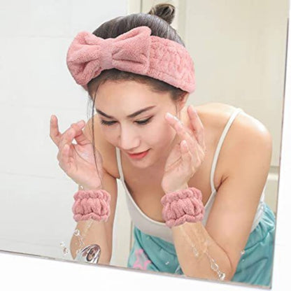 3Pcs Bow Headband Wristband Set Towel Elastic Soft Washing Face Shower Make Up Yoga Sports Skincare Headband For Women Girls