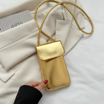 Fashion Versatile Metallic Glossy Shoulder Crossbody for Women Silver Gold PU Mini Bag Portable Lipstick Bag Mobile Phone Bag