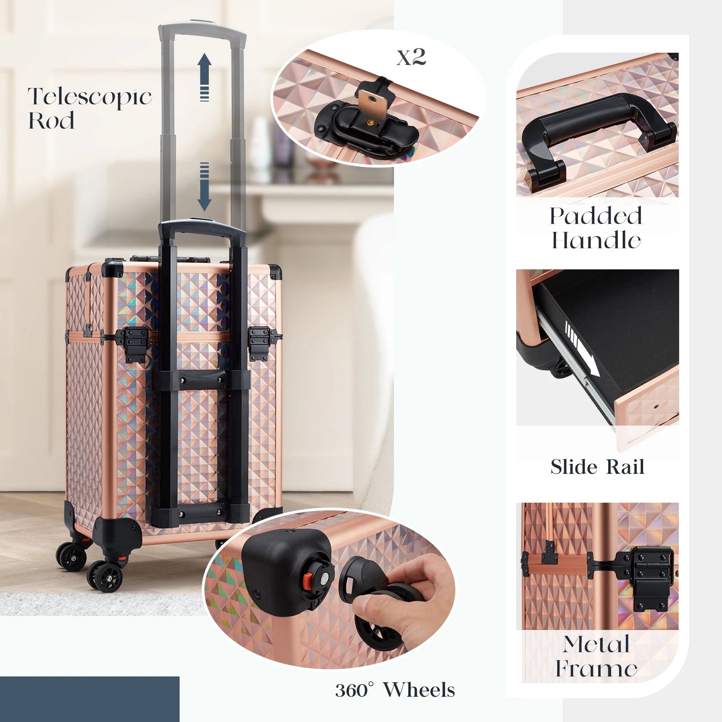 Professional Makeup Suitcase with Wheels Large Storage Cosmetic Trolley with Slide Drawer Lock Rolling Make-up Case Nail Tech