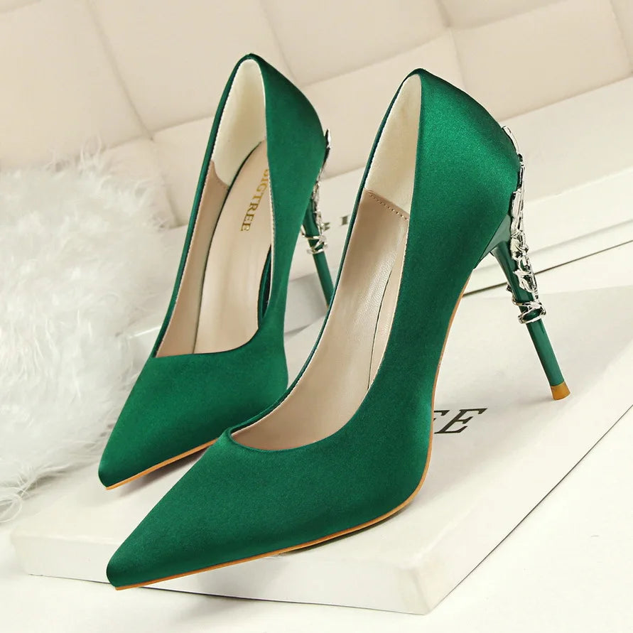 Woman Metal Heels Satin Silk Dress Fashion Pumps Lady Wedding Bridal Catwalk Orange Green Wine Red Pointed Tip Shoes 9219-2