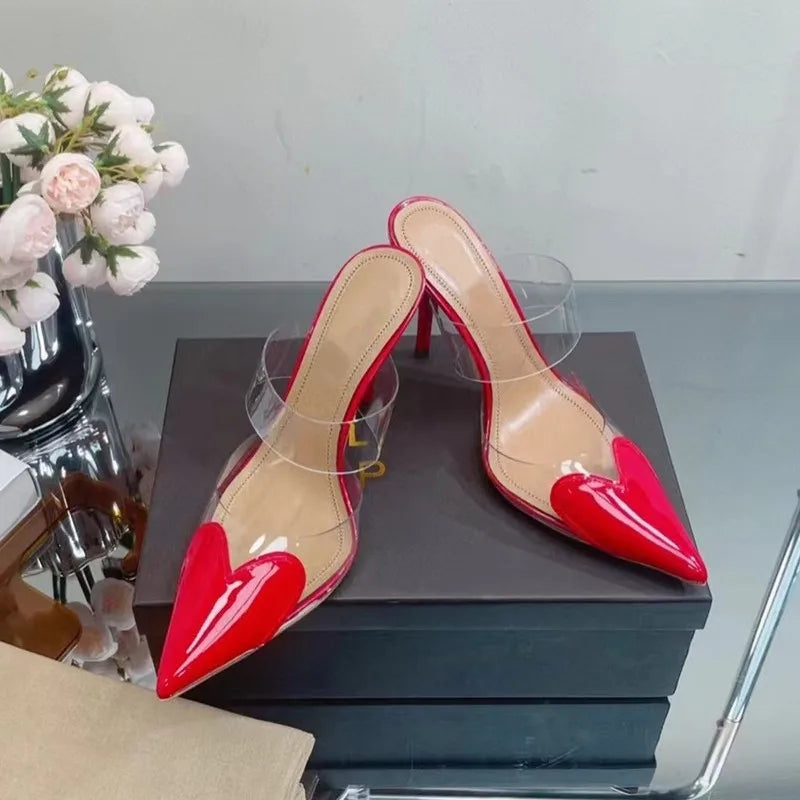 Elegant Pointed Toe Transparent PVC Heart High Heels Mules Slipper Shoes Women 2024 Black White Red Shoes Luxury Designer Pumps