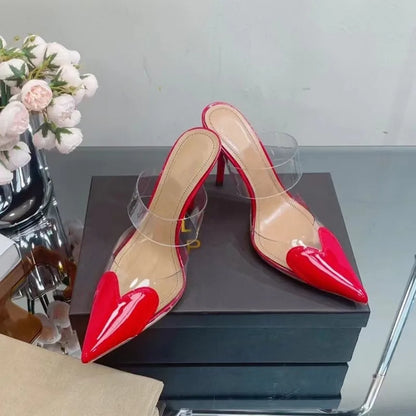 Elegant Pointed Toe Transparent PVC Heart High Heels Mules Slipper Shoes Women 2024 Black White Red Shoes Luxury Designer Pumps