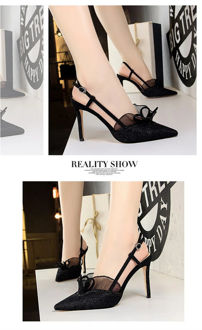 Fashion Women Sandals Mesh Rhinestone Lace Hollow Kitten Pumps Stilettos Summer 313-5Thin High Heel Single Shoes Grace Slippers