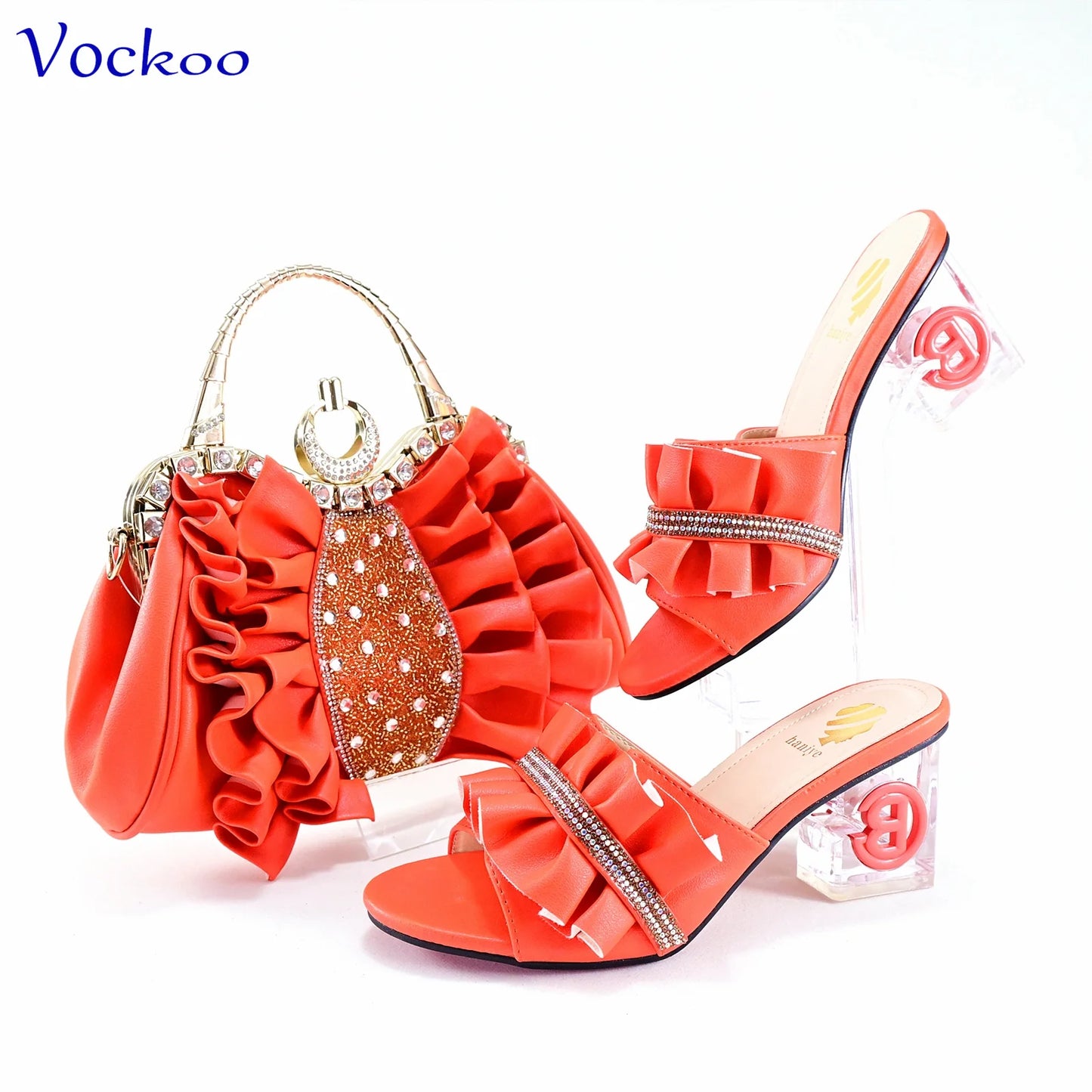 2024 Square Heels New Design Peep Toe Italian Wedding Shoes and Bag Set in Red Color Fashion African Slipper For Party