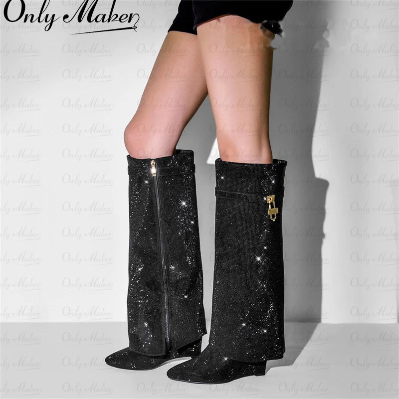 Onlymaker Women Rhinestones Knee High Boots Sexy Party Dress Wedding Shark Lock Bling Buckle Pointed Toe Boots