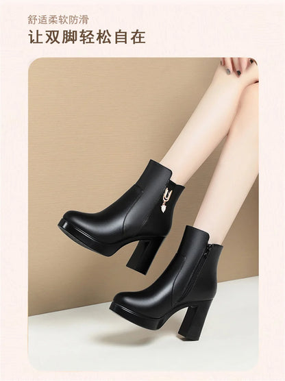 Autumn Winter Women Platform Shoes Warm Fleece Waterproof Short Leather Boots Luxury Black Super Office High Heel Ankle Boots