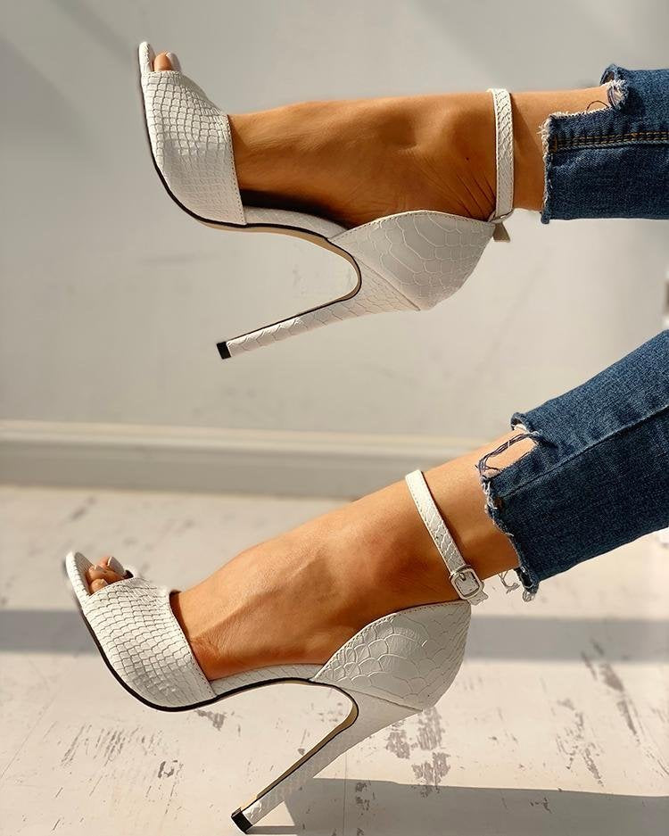 Sexy Dress Wedding Shoes Women Ankle Strap Peep Toe High Heel Sandals White Super High Heels Buckle Snake Pattern Woman Pumps